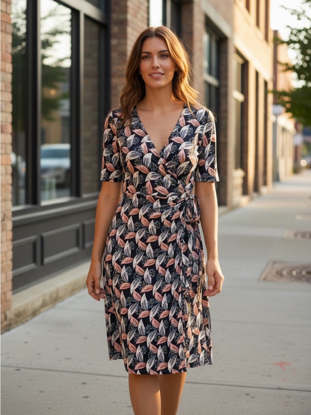 Boden Navy Faux Wrap Midi Dress with Peach and Cream Leaf Print Size 8 Regular